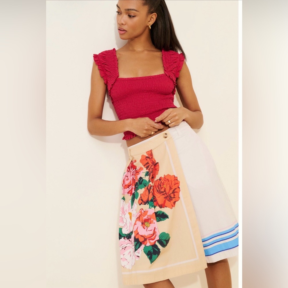 Anthropologie Asymmetrical Floral Panel Skirt in Beige, White, Pink, Green, Blue